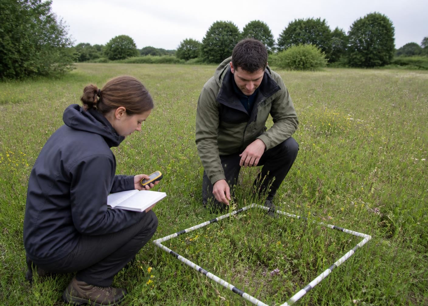 Écologues réalisant un relevé faune-flore dans une prairie