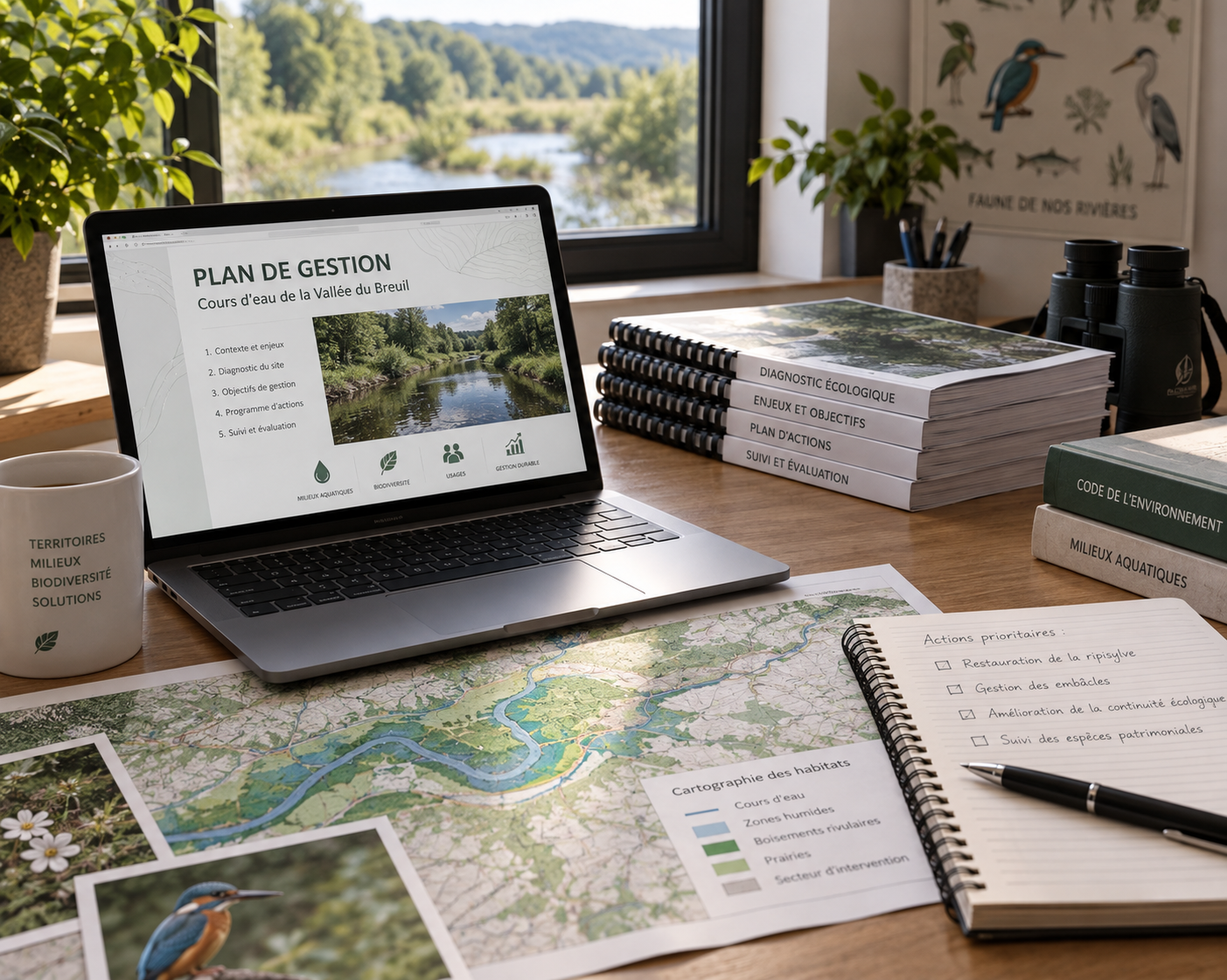 Bureau d'étude avec plan de gestion environnemental, carte topographique et équipement de terrain