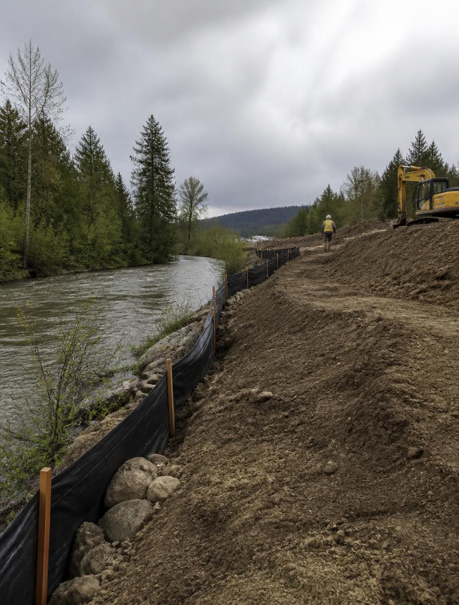 Chantier en bord de rivière avec dispositif de protection du milieu