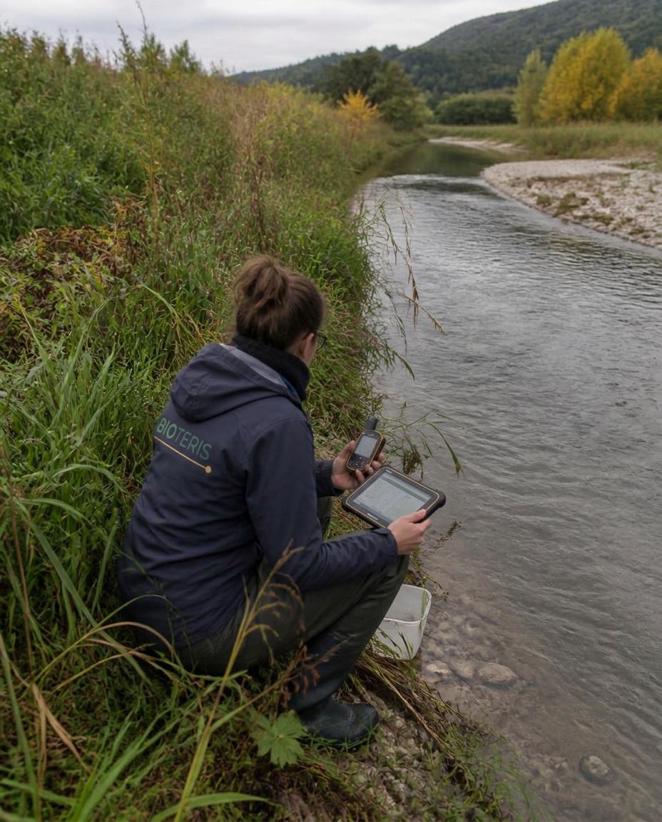 Écologue en train de réaliser un relevé au bord d'un cours d'eau