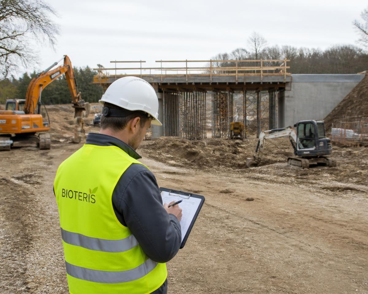 Technicien BIOTERIS en gilet jaune prenant des notes sur un chantier de pont
